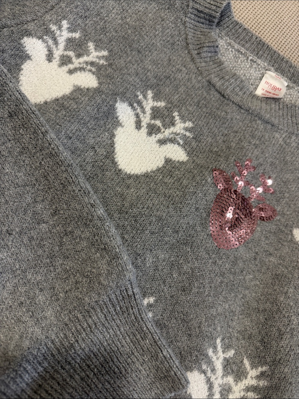 Holiday Time Gray Crewneck Sweater with White Reindeer and Pink Sequin Accent